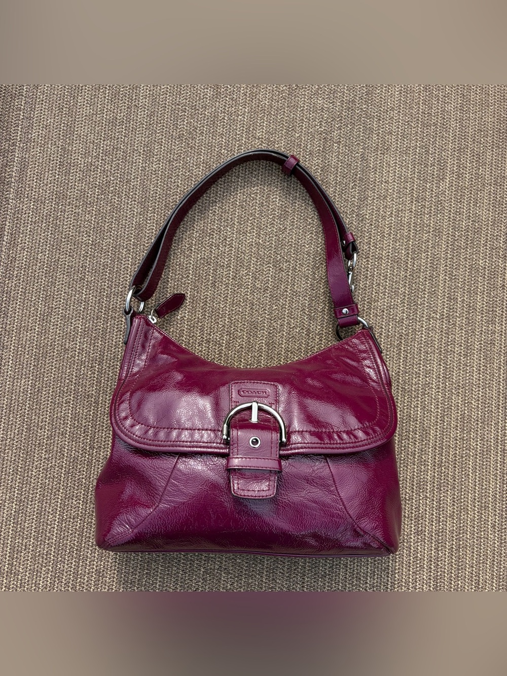 COACH Soho Patent Leather Flap Buckle Hobo Shoulder Bag - Plum